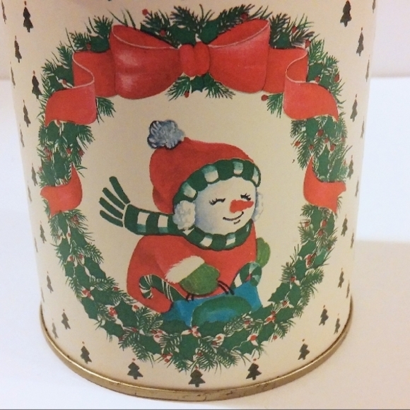 Vintage Christmas Tin with Festive Snowman and Wreath Graphics for the Holidays - Picture 3 of 7